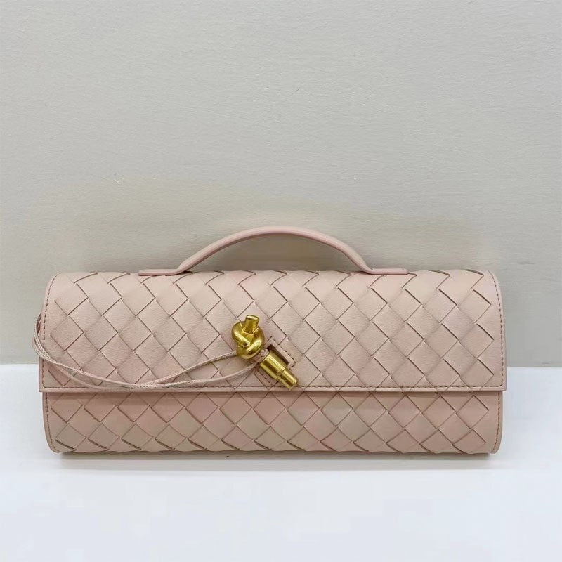Cowhide Leather Woven Light Pink Clutch 
