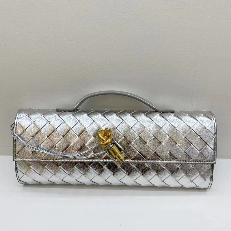 Woven Cowhide Leather Silver Clutch Bag 
