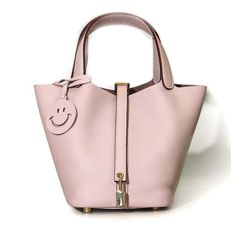 Pastel Pink Women's Genuine Leather Bucket Bag